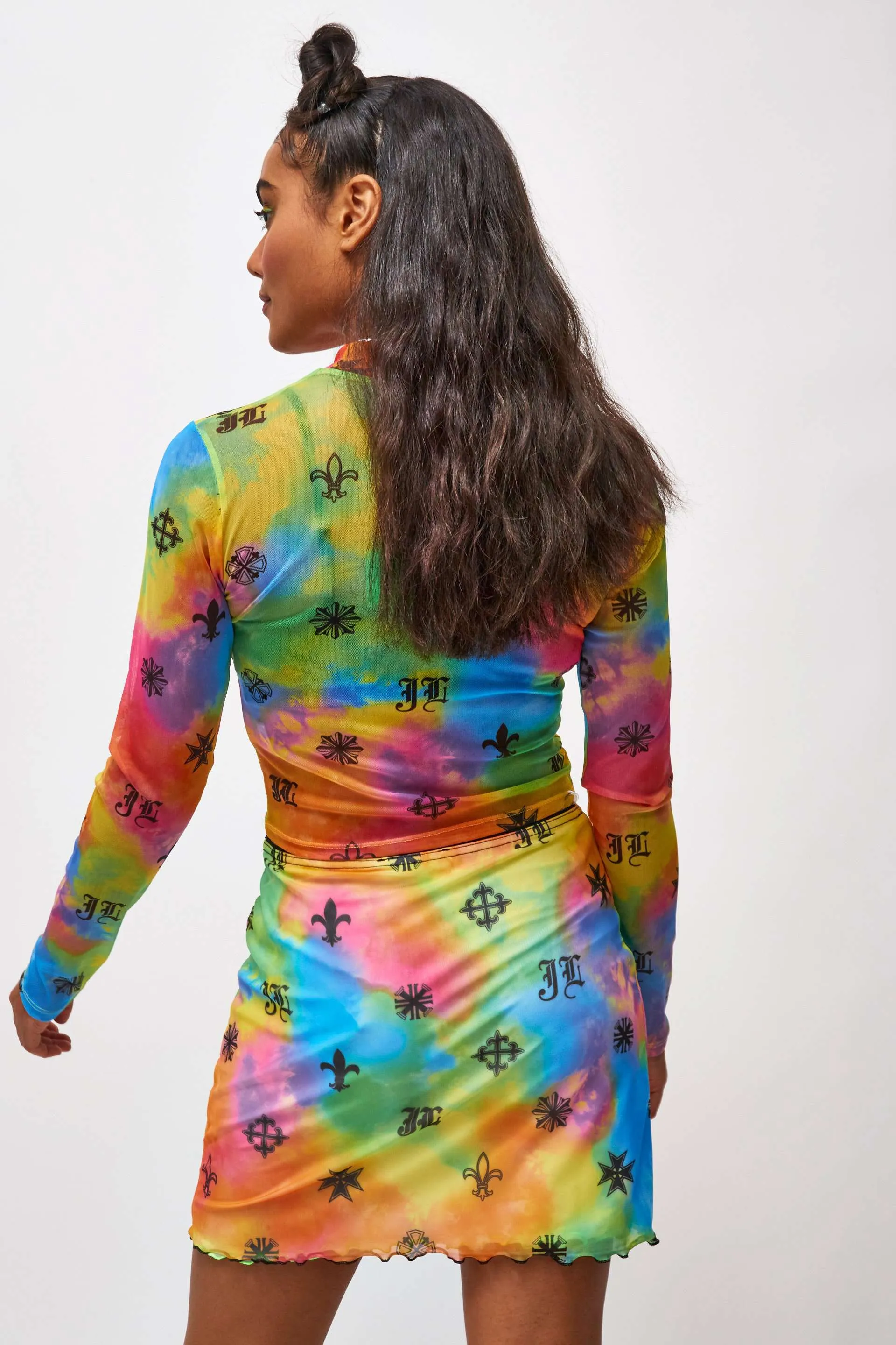 Neon Tie Dye Symbol Print Mesh Top