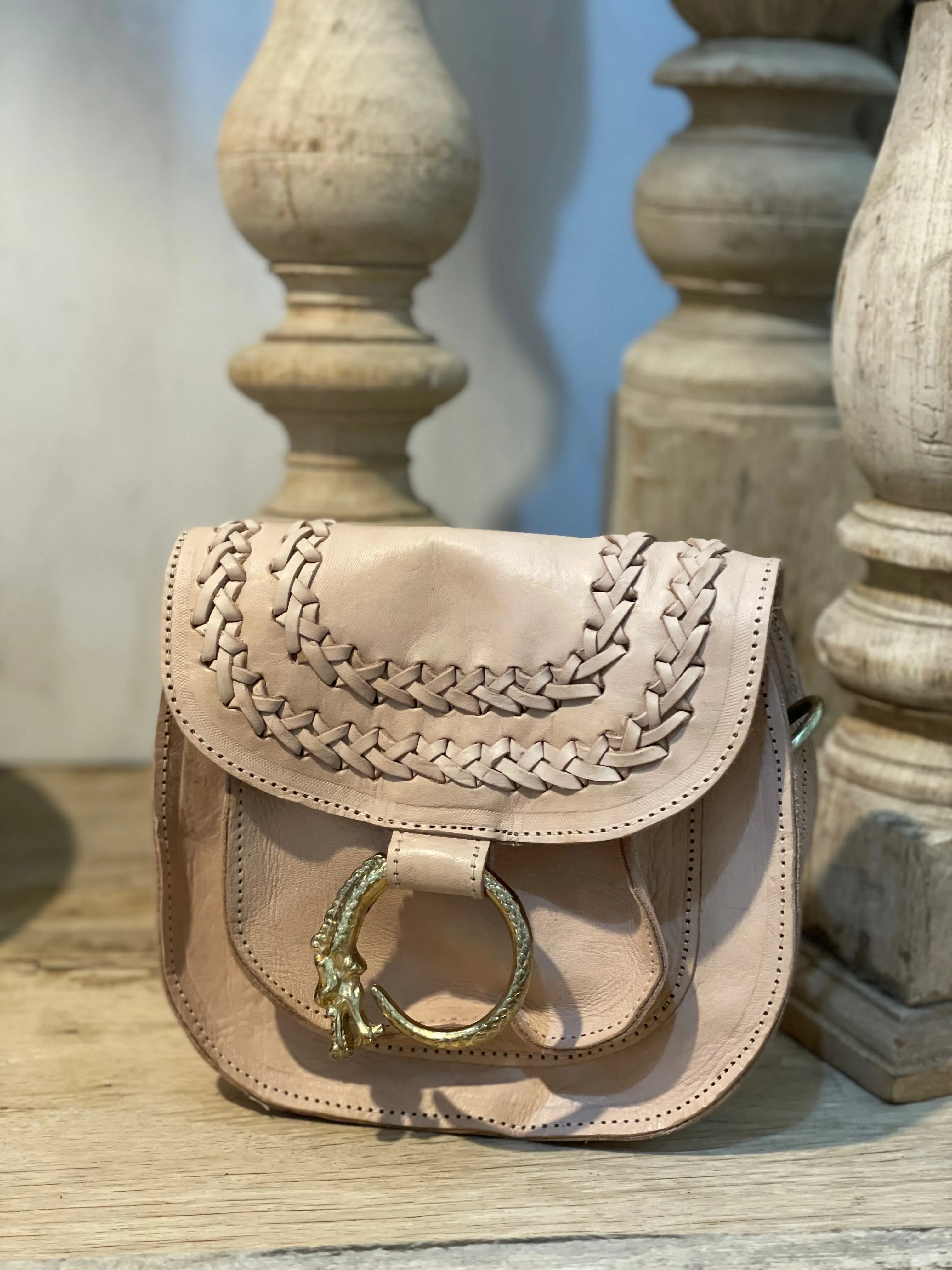 Nude Leather Small Dragon Clasp Saddle Bag