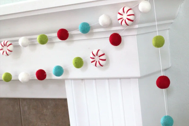 Peppermint Felt Christmas Garland- Red, Turquoise, Green, White