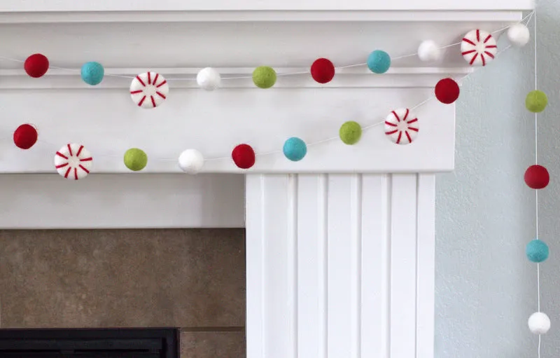 Peppermint Felt Christmas Garland- Red, Turquoise, Green, White