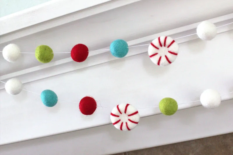 Peppermint Felt Christmas Garland- Red, Turquoise, Green, White