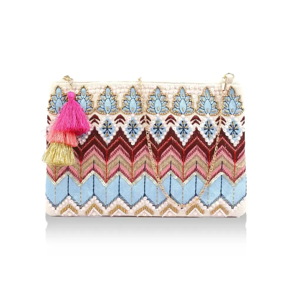 Priyaasi Handloom Fabric Boho Multicolor Embroidered Sling Bag for Women - Stylish, Trendy, Casual Crossbody Bag with Detachable Adjustable Strap, Zipper Closure