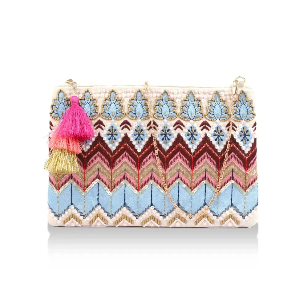 Priyaasi Handloom Fabric Boho Multicolor Embroidered Sling Bag for Women - Stylish, Trendy, Casual Crossbody Bag with Detachable Adjustable Strap, Zipper Closure