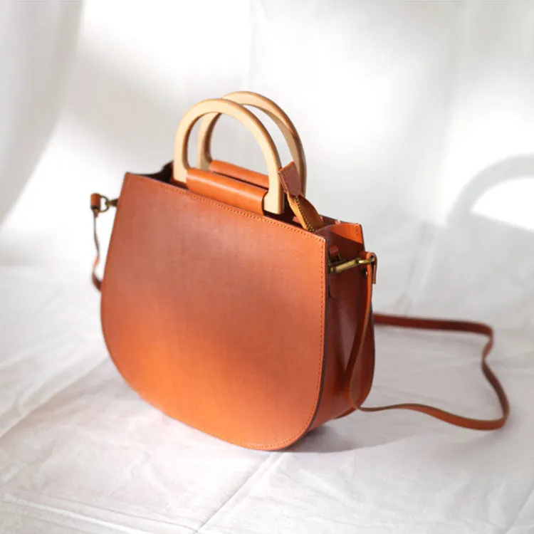 Small Womens Leather Handbags With Wooden Handle Side Bag Purse for Womens