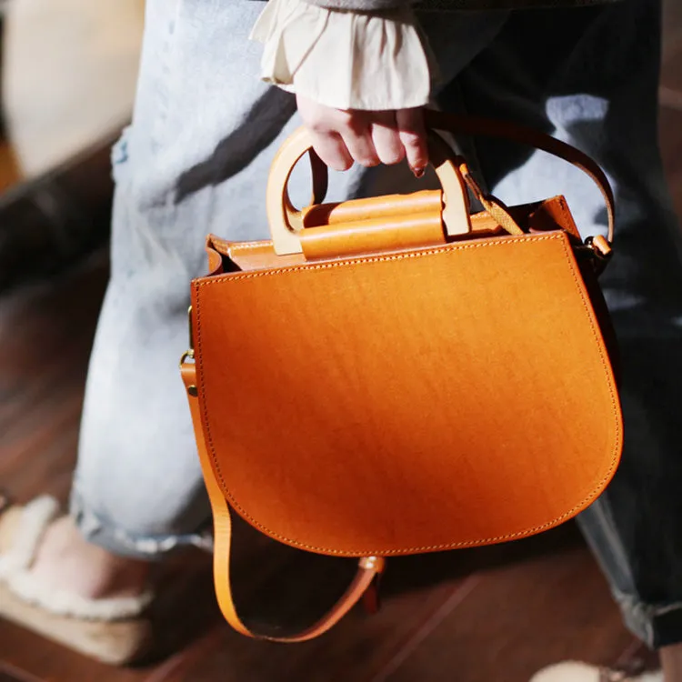 Small Womens Leather Handbags With Wooden Handle Side Bag Purse for Womens