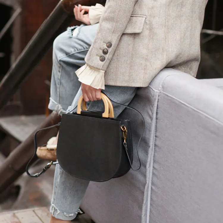 Small Womens Leather Handbags With Wooden Handle Side Bag Purse for Womens
