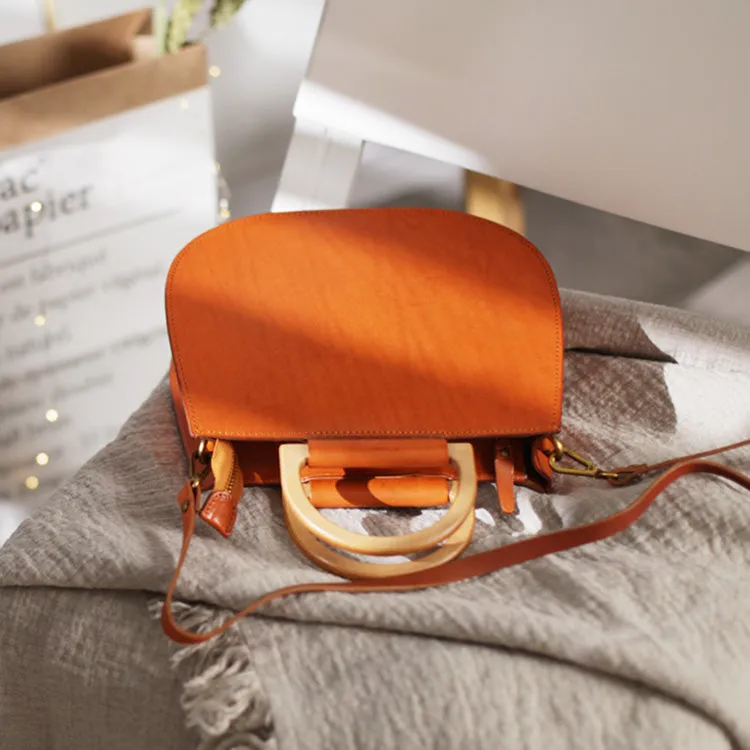 Small Womens Leather Handbags With Wooden Handle Side Bag Purse for Womens
