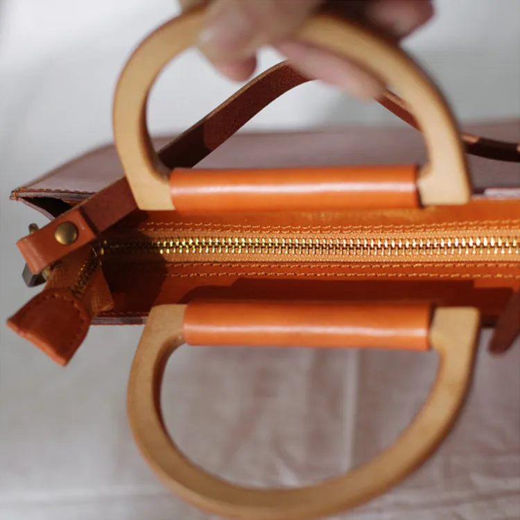 Small Womens Leather Handbags With Wooden Handle Side Bag Purse for Womens