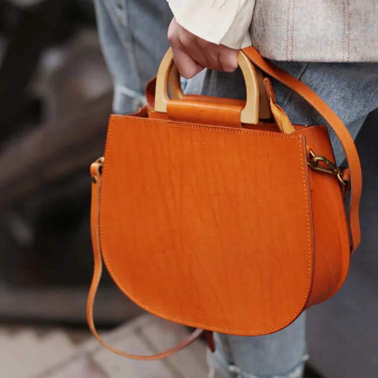 Small Womens Leather Handbags With Wooden Handle Side Bag Purse for Womens