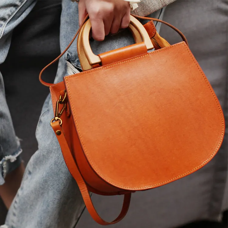 Small Womens Leather Handbags With Wooden Handle Side Bag Purse for Womens