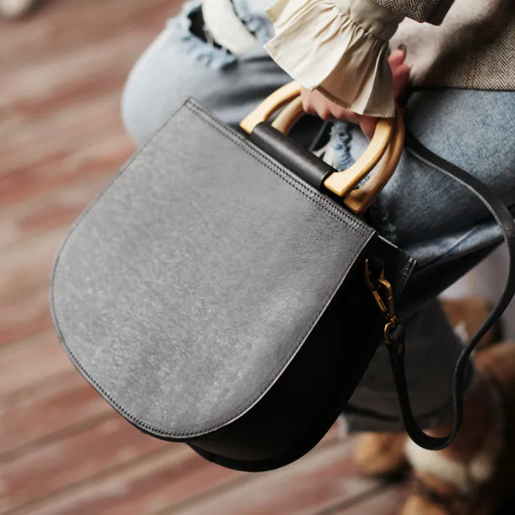 Small Womens Leather Handbags With Wooden Handle Side Bag Purse for Womens