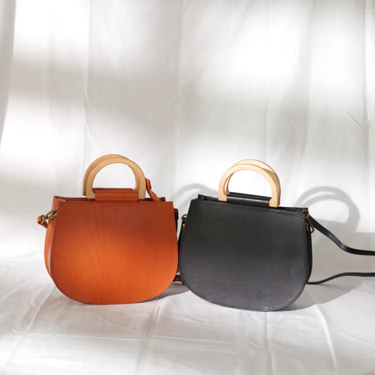 Small Womens Leather Handbags With Wooden Handle Side Bag Purse for Womens