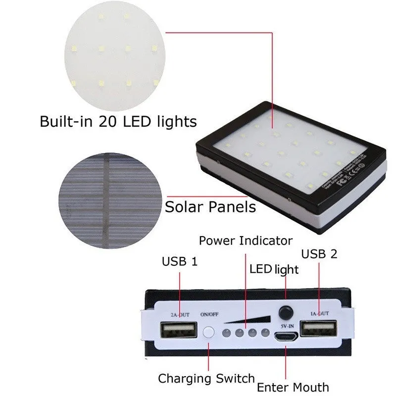 Solar Panel Battery Charger Dual USB Power Bank with LED light 25000mAh