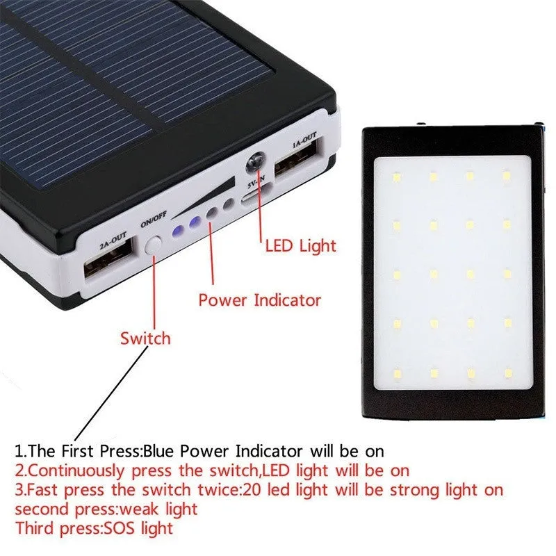 Solar Panel Battery Charger Dual USB Power Bank with LED light 25000mAh