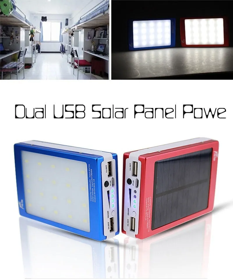 Solar Panel Battery Charger Dual USB Power Bank with LED light 25000mAh
