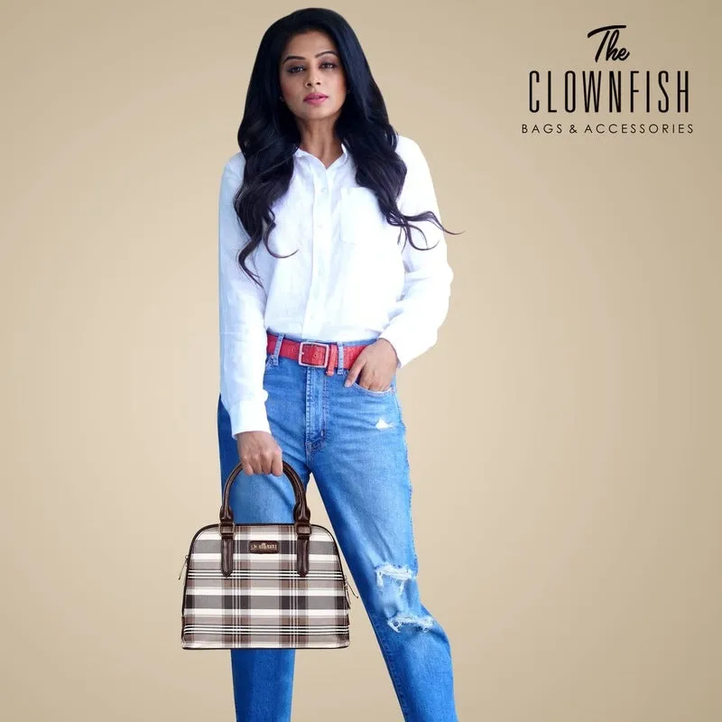THE CLOWNFISH Andrea Handbag for Women Office Bag Ladies Shoulder Bag Tote For Women College Girls-Checks Design (Dark Brown)