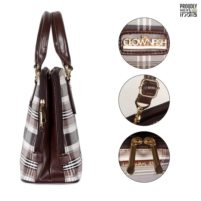 THE CLOWNFISH Andrea Handbag for Women Office Bag Ladies Shoulder Bag Tote For Women College Girls-Checks Design (Dark Brown)