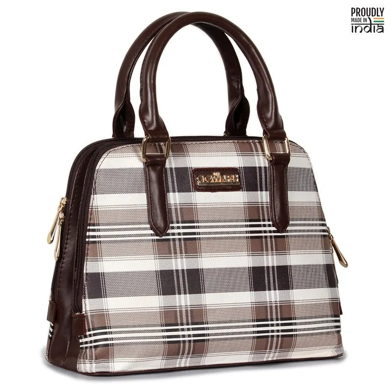 THE CLOWNFISH Andrea Handbag for Women Office Bag Ladies Shoulder Bag Tote For Women College Girls-Checks Design (Dark Brown)