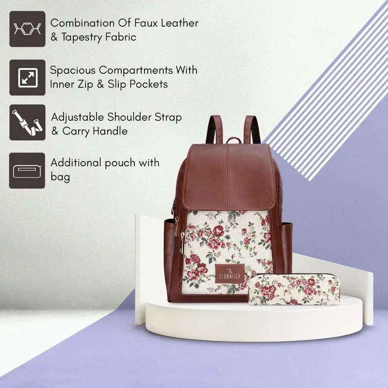 THE CLOWNFISH Combo Of Minerva Faux Leather & Tapestry Women's Backpack College School Girls Bag Casual Travel Backpack For Ladies & Expert Series Pencil Pouch Pen Case (White-Floral), 10 Litres