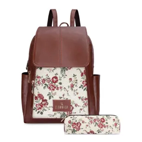 THE CLOWNFISH Combo Of Minerva Faux Leather & Tapestry Women's Backpack College School Girls Bag Casual Travel Backpack For Ladies & Expert Series Pencil Pouch Pen Case (White-Floral), 10 Litres