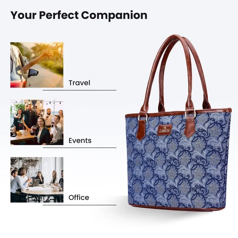 THE CLOWNFISH Justina Tapestry Fabric & Faux Leather Handbag for Women Office Bag Ladies Shoulder Bag Tote For Women College Girls (Blue-Floral)