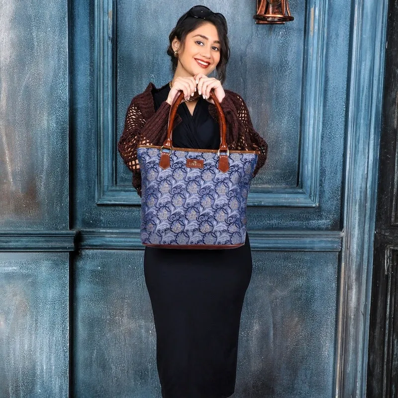 THE CLOWNFISH Justina Tapestry Fabric & Faux Leather Handbag for Women Office Bag Ladies Shoulder Bag Tote For Women College Girls (Blue-Floral)