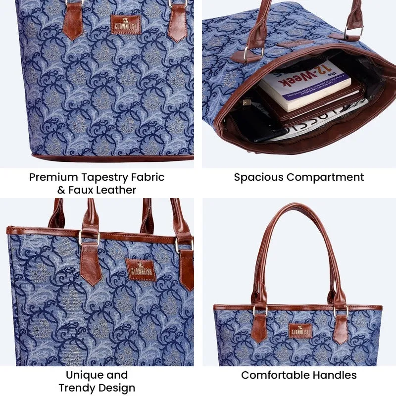 THE CLOWNFISH Justina Tapestry Fabric & Faux Leather Handbag for Women Office Bag Ladies Shoulder Bag Tote For Women College Girls (Blue-Floral)