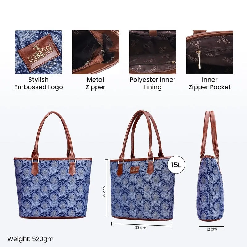 THE CLOWNFISH Justina Tapestry Fabric & Faux Leather Handbag for Women Office Bag Ladies Shoulder Bag Tote For Women College Girls (Blue-Floral)