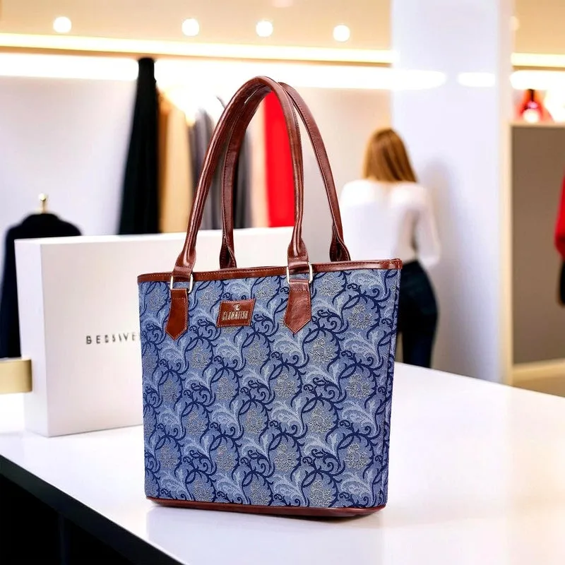 THE CLOWNFISH Justina Tapestry Fabric & Faux Leather Handbag for Women Office Bag Ladies Shoulder Bag Tote For Women College Girls (Blue-Floral)