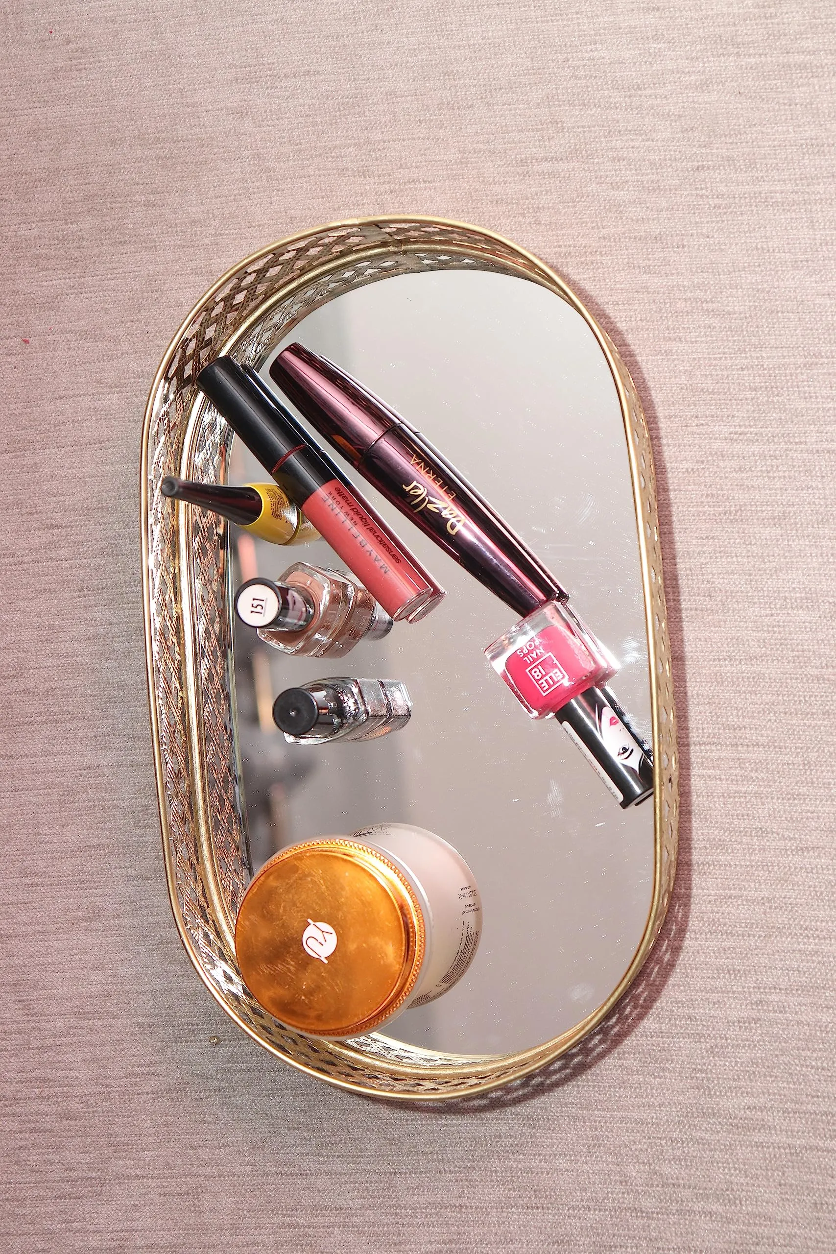 TINITALO Oval Glass with Brass Rim Mirror Base Makeup Tray for Home Decor Jewelry Organiser Golden 17X28X4 CM CM