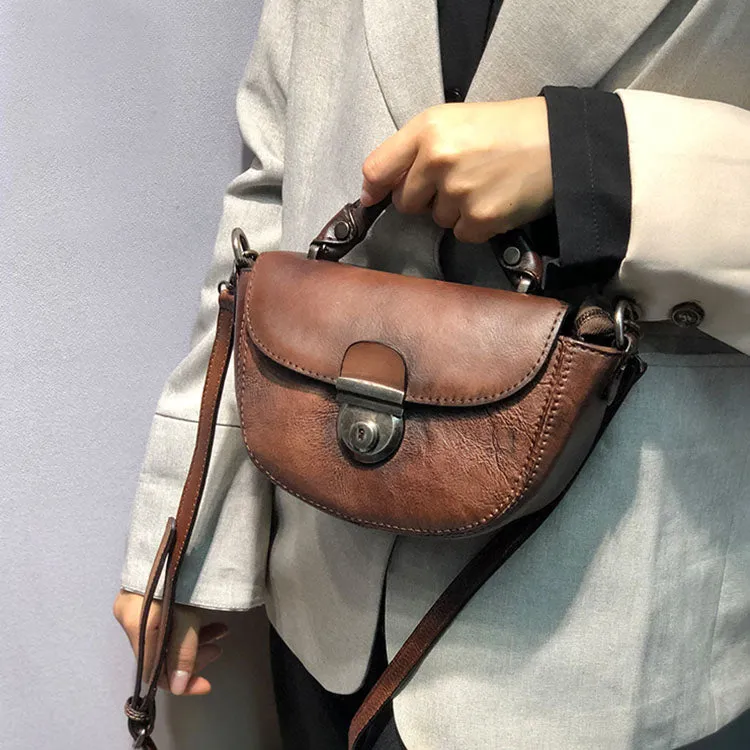 Vintage Womens Small Leather Crossbody Saddle Bag Handbags for Women